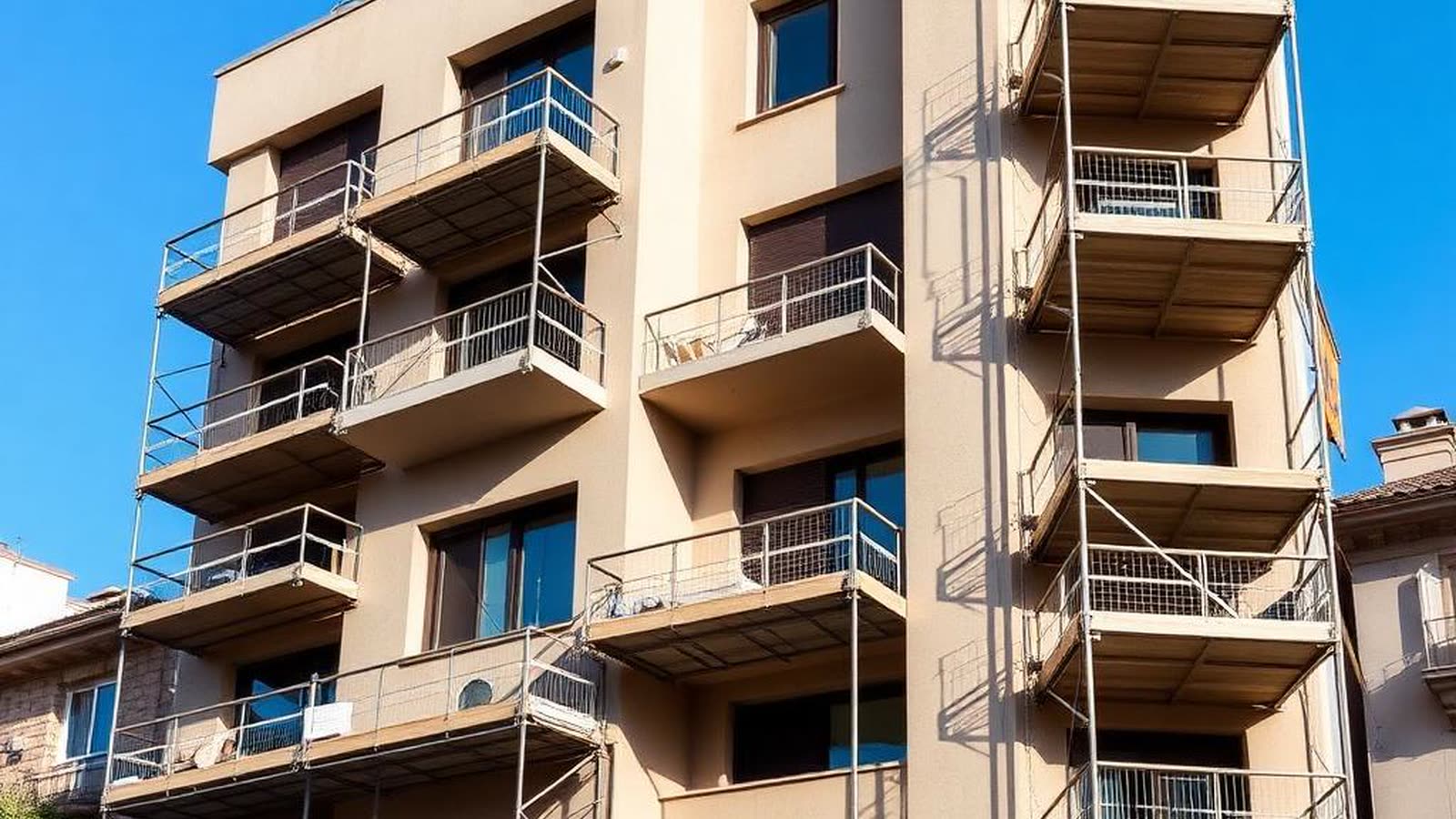 Edificio residenziale antisismico in ricostruzione con ponteggi — Sismabonus Acquisti 2026 mutuo