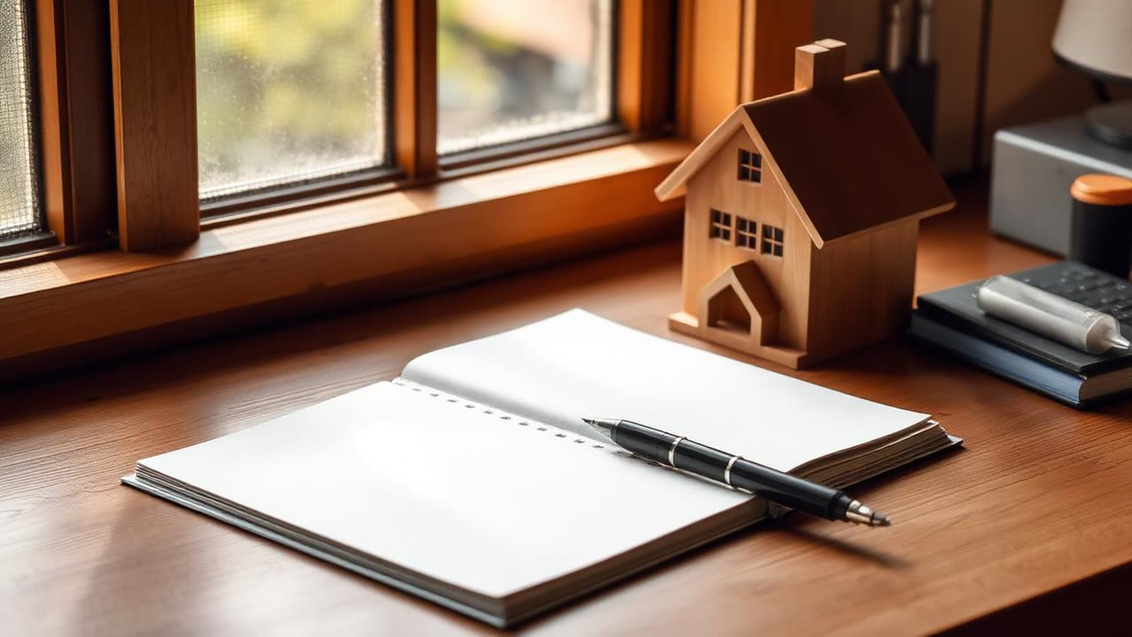 Quaderno aperto senza scritte con penna e modellino di casa in legno su una scrivania vicino alla finestra