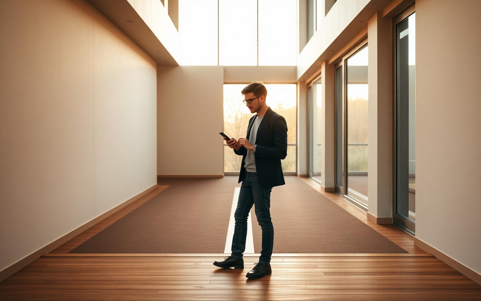 Persona con smartphone in mano osserva un grafico dei tassi in un interno luminoso e moderno, riflettendo sulla scelta del mutuo
