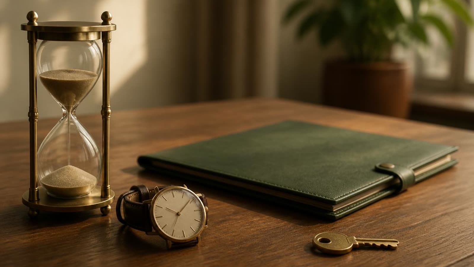 Calendario da tavolo, orologio da polso e una pila di documenti con chiavi di casa su una scrivania