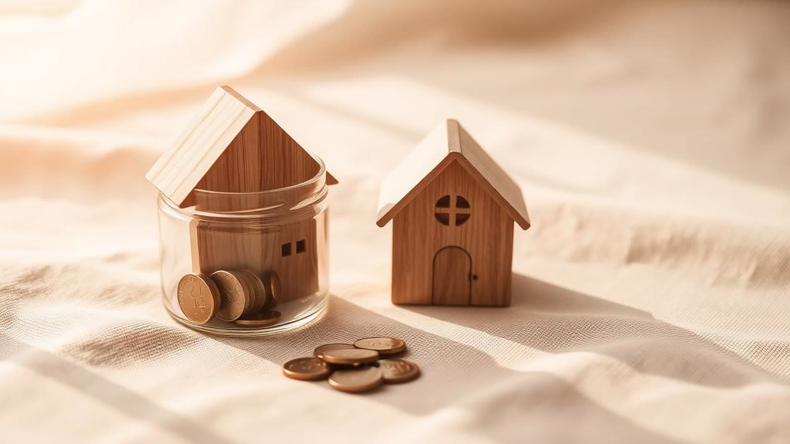 Barattolo di vetro con monete accanto a un modellino di casa in legno su tessuto beige