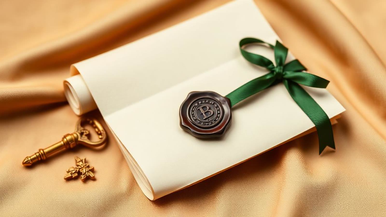 Chiave antica, pergamena arrotolata legata con nastro, sigillo notarile in ceralacca verde e stilografica su piano cream — trascrizione del preliminare di compravendita
