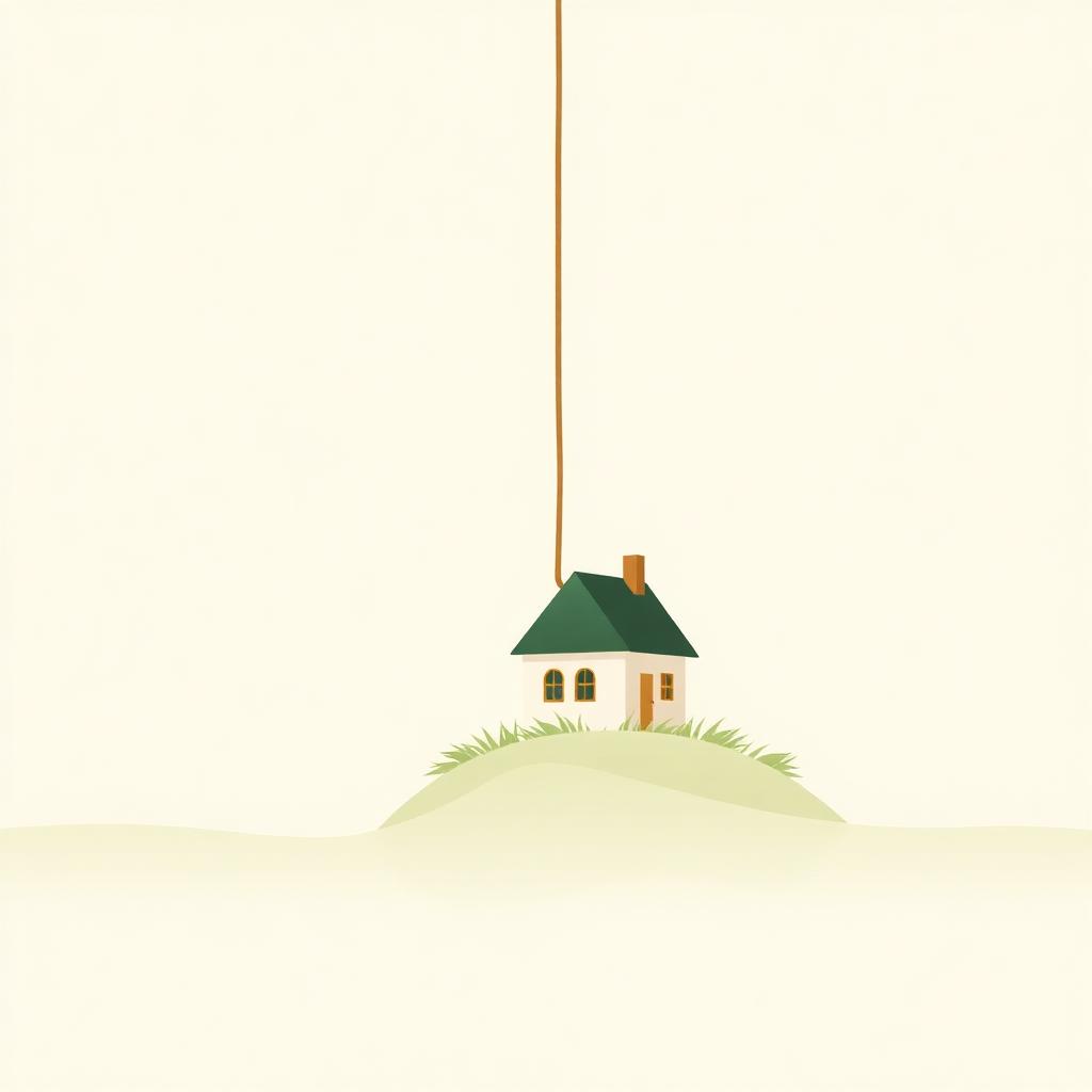 Illustrazione minimalista di una casa sollevata da una fune — trasferimento mutuo su altro immobile con sostituzione garanzia 2026
