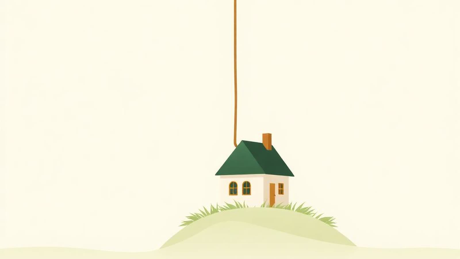 Illustrazione minimalista di una casa sollevata da una fune — trasferimento mutuo su altro immobile con sostituzione garanzia 2026