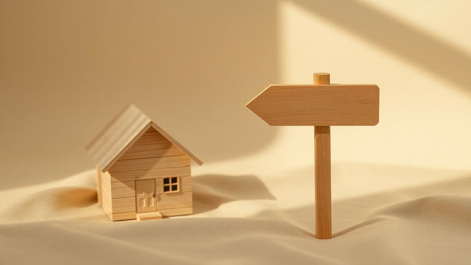 Modellino di casa in legno accanto a un cartello indicatore senza scritte su tessuto beige