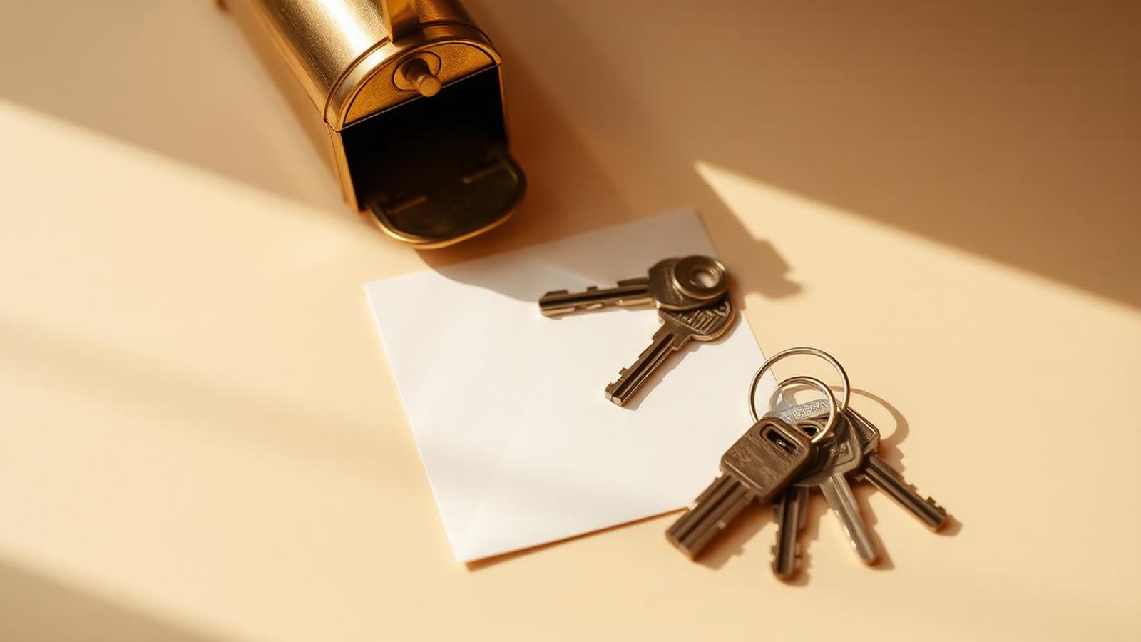 Cassetta postale in ottone, mazzo di chiavi e busta bianca su una superficie beige