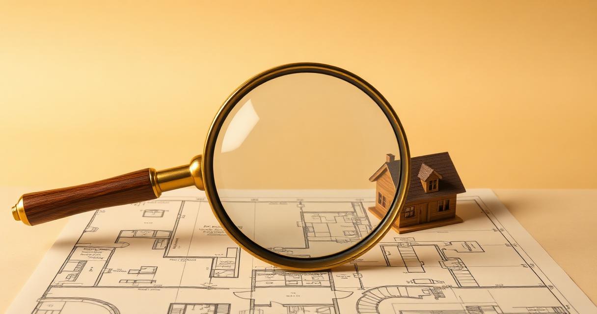 Lente di ingrandimento in ottone su una planimetria architettonica astratta e piccola casa in legno — visura catastale come si legge