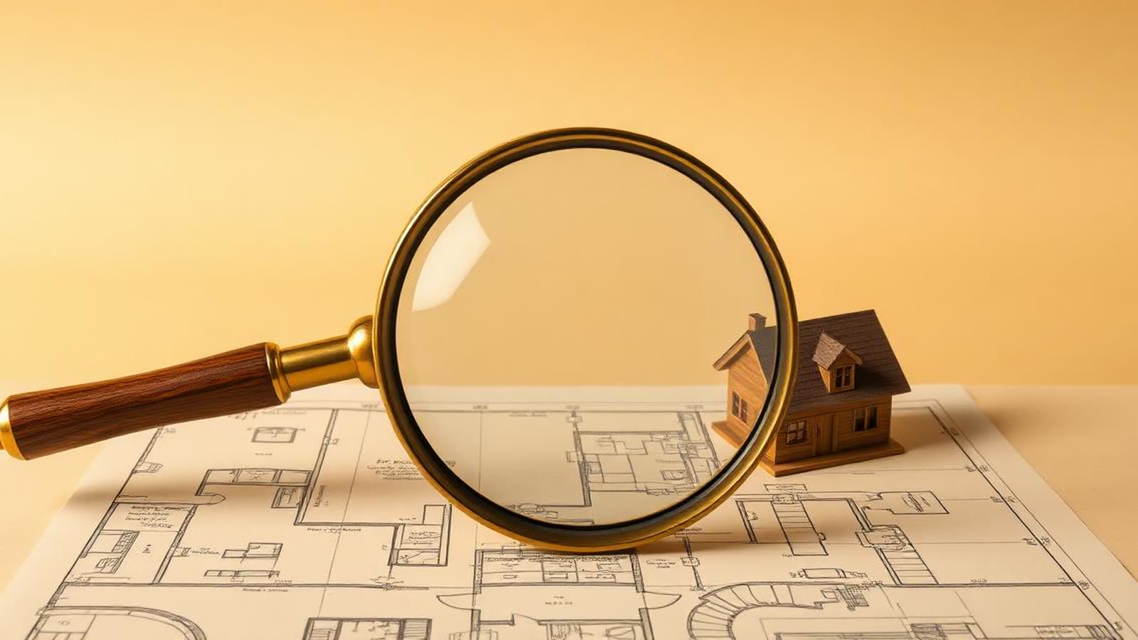Lente di ingrandimento in ottone su una planimetria architettonica astratta e piccola casa in legno — visura catastale come si legge